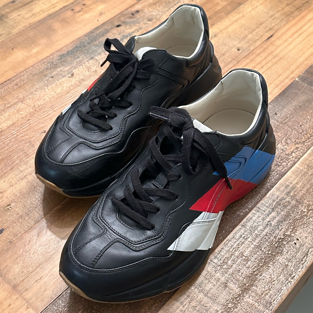 GUCCI SNEAKERS MENS BLACK LEATHER RHYTON WEB CHUNKY SHOES sz 10.5